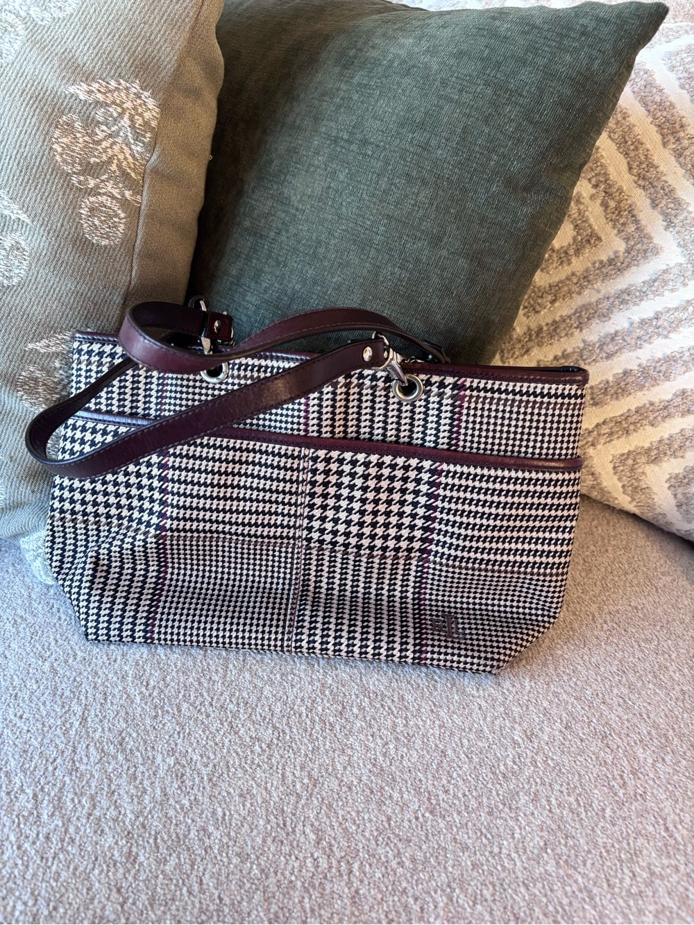 Ralph Lauren Black-and-White Houndstooth Mini Shoulder Bag with Brown Trim